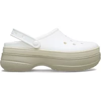 White Crocs Classic Stacked clogs with beige platform sole and adjustable heel strap.