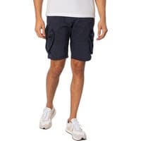 Navy blue Superdry Core Cargo Shorts with multiple pockets, button closures, and relaxed fit.