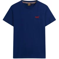 Blue cotton T-shirt by Superdry with red embroidered logo on chest, crew neck, and short sleeves.