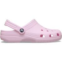 Pink Crocs Classic clog with ventilation ports, heel strap, and textured sole.