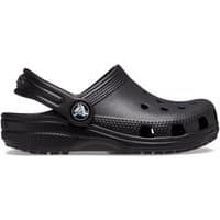 Black Crocs Classic Clog for kids, featuring perforated top, adjustable heel strap, and textured sole, size Infant 13.
