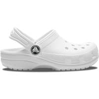 White Crocs Classic Clog for kids, featuring ventilation holes, heel strap, and textured sole, size Infant 12.