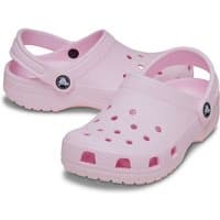 Pink Crocs Classic Clog for kids, size 2, with ventilation holes and adjustable heel strap.