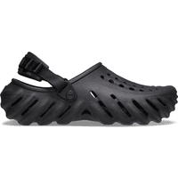 Black Crocs Echo Clog with adjustable heel strap, ventilation holes, and rugged sole design.