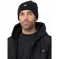 Black Dickies Acrylic Cuffed Beanie with small logo patch, worn by a person in a black jacket.