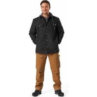 Black Dickies Duck Shirt Jacket with button front, chest pockets, and hood, worn over a gray hoodie.