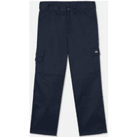 Navy Dickies trousers with straight legs, side pockets, and button closure, size 32 regular.