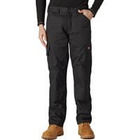 Black Dickies Everyday Trousers, size 32, with side pockets and belt loops, worn with tan boots.