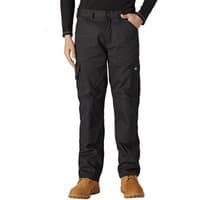 Black Dickies trousers, size 32, with side pocket, belt loops, and straight leg fit.