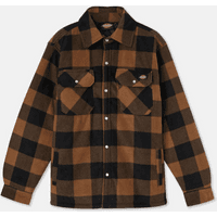Brown and black checkered Dickies Portland shirt with button-up front and two chest pockets, size L.