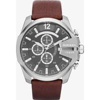 Diesel Mega Chief Chrono watch with brown leather strap, black dial, silver-tone case, and multiple subdials.