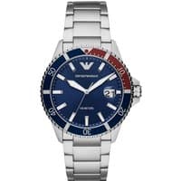 Emporio Armani men's chronograph watch with blue dial, silver-tone bracelet, and red-blue bezel.