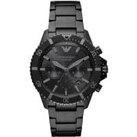 Black Emporio Armani AR11363 men's watch with chronograph dial, stainless steel bracelet, and luminous hands.