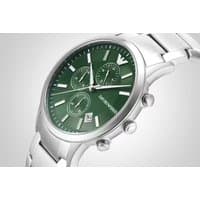 Stainless steel Emporio Armani chronograph watch, 43mm, green dial, three subdials, silver bracelet.