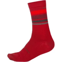 Red Endura BaaBaa Merino socks with horizontal grey and red stripes near the cuff.