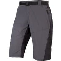 Gray Endura Hummvee cycling shorts with black side panels, adjustable waistband, and zippered pocket.