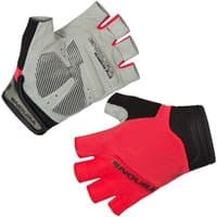 Gray and red short finger cycling gloves with black accents, padded palms, and breathable mesh fabric.