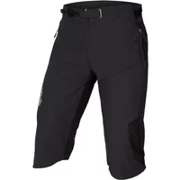 Black Endura MT500 Burner MTB shorts with adjustable waistband, zip pockets, and knee-length design.