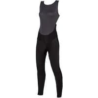 Black and gray women's cycling bib tights with ergonomic design and padded seat area.