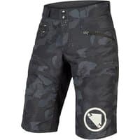 Black camo Endura SingleTrack Cycling Shorts II with zip pockets, button closure, and logo patch on the left leg.