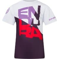 White Endura Strack Core Kids Tee with bold purple and red abstract lettering design on front.