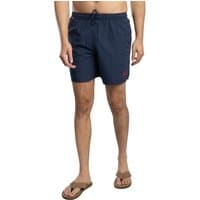Navy blue Superdry Essential 16 Swim Shorts with elastic waistband, drawstring, and small red logo on left leg.