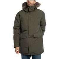 Olive green parka jacket with faux fur hood trim, front zipper, and large flap pockets.