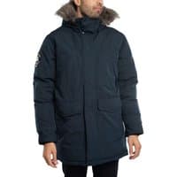 Navy blue Everest Faux Parka Jacket by Superdry with fur-trimmed hood and patch logo on sleeve.