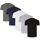 Pack of five FM London men's t-shirts in black, grey, white, navy, and dark grey, lightly fitted, 100% cotton.