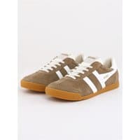 Tobacco brown Gola men's trainers with white stripes, gum sole, and white laces.