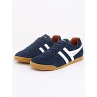 Navy suede Gola trainers with off-white stripes, moody orange accents, and gum soles, size 7.