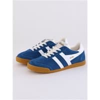 Marine blue and white Gola Elan trainers with suede finish, white stripes, and gum sole.