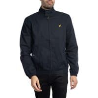 Navy blue Harrington jacket by Lyle & Scott with high collar, front zipper, and yellow logo on chest.