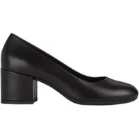 Black Geox Eleana heels with rounded toe and chunky block heel, smooth leather finish.