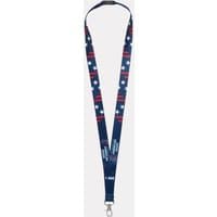 Navy Helly Hansen lanyard with American Magic logo, red and white stripes, stars, and a metal clip.