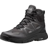 Black and grey Helly Hansen Cascade Mid HT men's waterproof hiking boots with rugged sole and lace-up design.