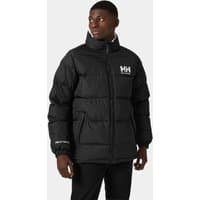 Black Helly Hansen reversible jacket, puffer style, with HH logo on chest, high collar, and elastic cuffs, size S.