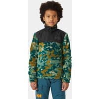 Green Helly Hansen Junior Champ midlayer jacket with black shoulders, camouflage pattern, and front zipper.