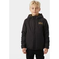 Black Helly Hansen reversible fleece jacket for juniors, size 14, with hood and HH logo on chest.