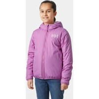 Pink Helly Hansen reversible fleece jacket for juniors, hooded with front zipper and logo on chest.