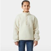 White Helly Hansen juniors' Frosty Pile sweater with high collar, half-zip, and soft fleece texture, worn by a child.