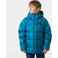 Blue Helly Hansen Juniors’ Isfjord Down Winter Jacket 2.0 with hood, front zipper, and logo on chest.