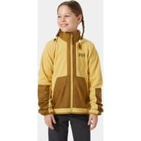 Beige Helly Hansen juniors' fleece jacket with brown accents, full zip, and high collar.