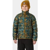 Green Helly Hansen juniors’ Marka Insulator jacket with camo pattern, full zip, and high collar, worn by a child.