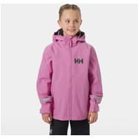 Pink Helly Hansen juniors' jacket with hood, front zipper, and logo on chest, featuring reflective accents on sleeves.
