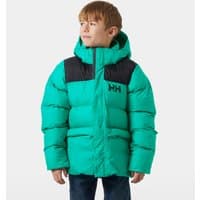 Green Helly Hansen juniors' puffy jacket with hood, black shoulder panels, and HH logo on chest, size 14.