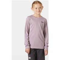 Purple Helly Hansen juniors' long sleeve crew, size 16, with logo on chest, worn by a child, paired with black shorts.