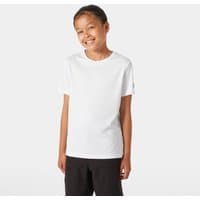 White Helly Hansen Juniors' Tech T-shirt, short sleeves, crew neck, worn by a smiling child, size 16.