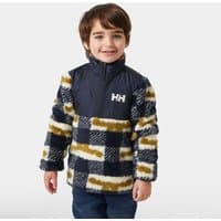 Navy Helly Hansen kids' fleece with half-zip, geometric pattern, and white "HH" logo on chest.
