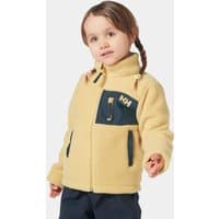 Beige Helly Hansen kid's fleece jacket with navy accents, front zipper, and chest pocket, worn by a child with pigtails.